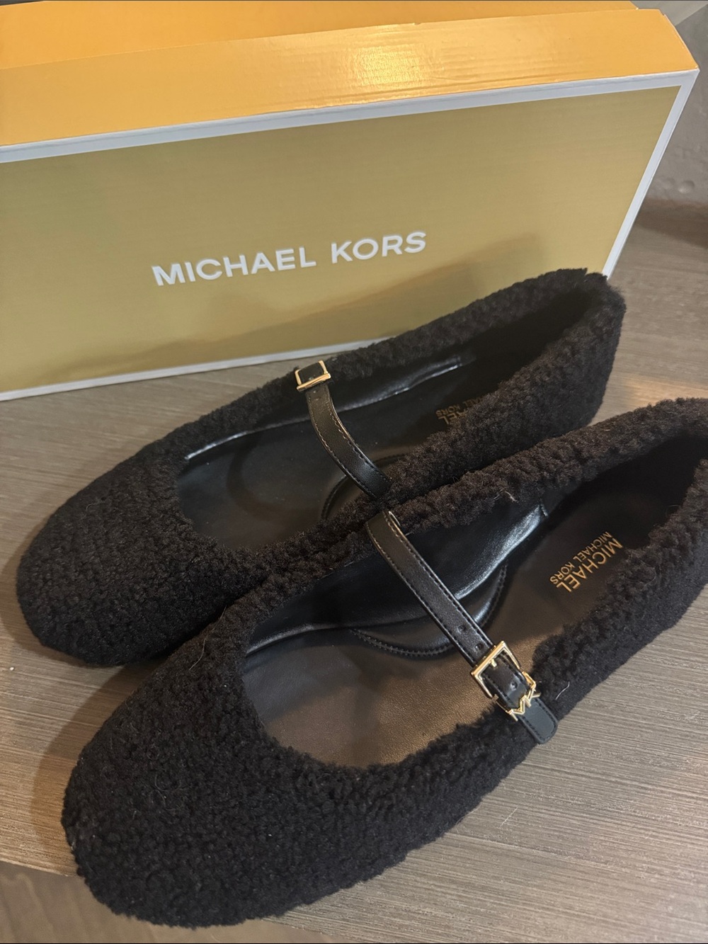 Michael Kors Black Sherpa Mary-Jane Flats with Gold Buckles, New, 9